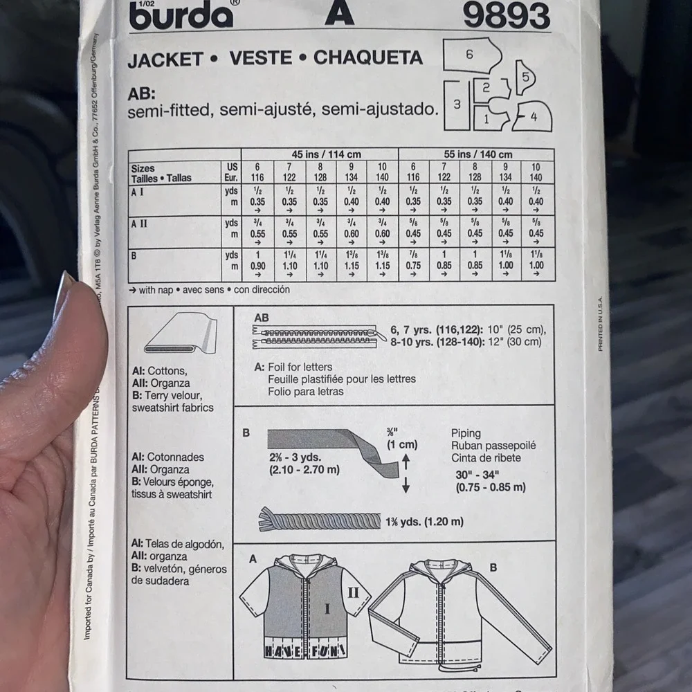 Burda 9893 Girls Front Zip Hooded Jacket Vest Sewing Pattern Size 6 8 10 Uncut